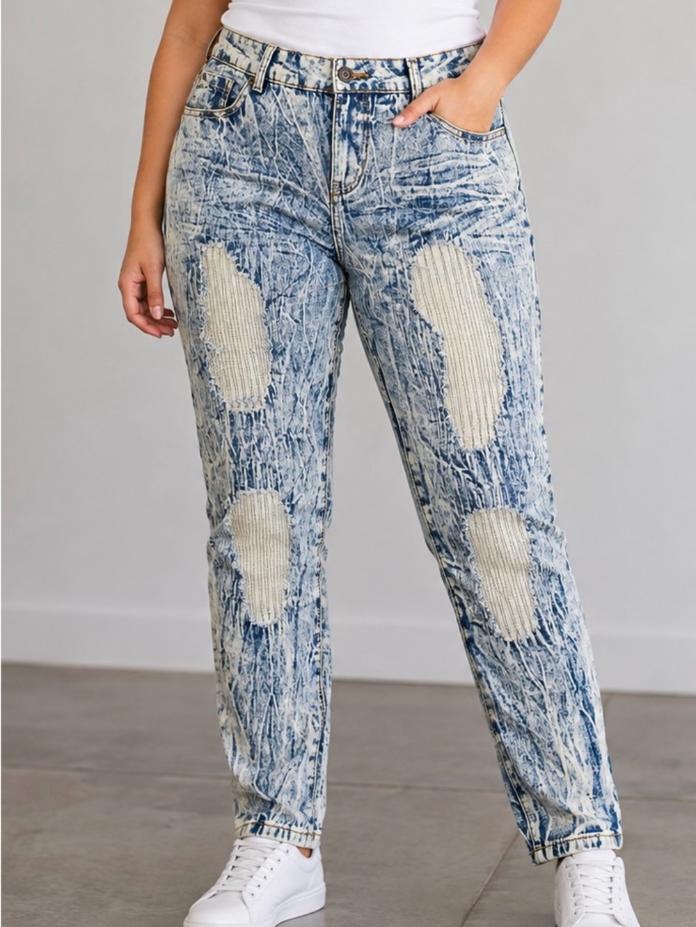 Thrill Acid-Wash Boyfriend Jeans Size 16 Blue and Cream Patch Distressed Skinny
